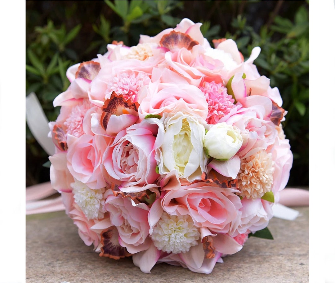 Artificial Real Touch Flowers Wedding Bridal Bouquet Pink Rose Dahlia Lily Wedding Flowers With