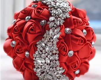 Rhinestone Enamel Red Rose BroochPin Flower Bouquet Brooch Wedding BridalGift_CC