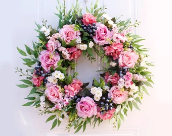 22“ Artificial Rose Wreath, Front Door Wreath, Grapevine Hanger, Farmhouse Wreath, Garland, Window Ornament, Wall Decor, White