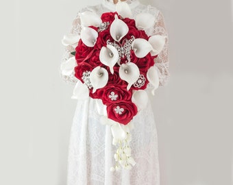 Artificial bouquet, Red Calla Lily Rose Cascading Bride Bouquet-Luxury Waterfall Wedding Flower with Pearls Crystal Rhinestone Jewelry