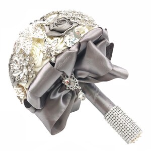 Luxury Brooch Wedding Bride Bouquet, Light Grey Satin Roses Covered by Sparkle Rhinestone Crystal brooches, Jewelry Bouquet image 6
