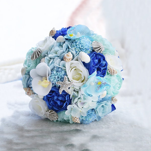 Real Touch Artificial Flowers Bridal Wedding Bouquet, Sea Shells Star Fish Decoration, Luxury Shinny  Brooches for Beach Wedding