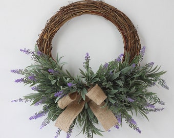 15“ Lavender Wreath with Green Leaf Grapevine Floral Hanger for Front Door Window Garland European Door Ornament Home Wall Décor