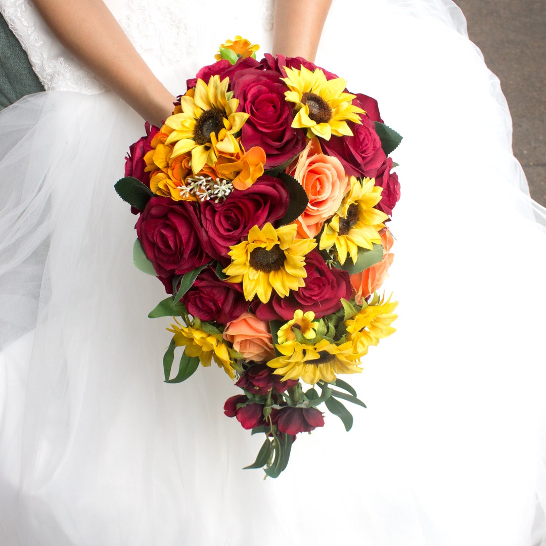 Real Touch Artificial Sunflowers and Roses Cascade Bridal Bouquet