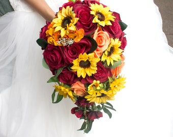 Real Touch Artificial Sunflowers and Roses Cascade Bridal Bouquet, Burgundy, Yellow, Coral with Greenies, cascading floral wedding bouquet