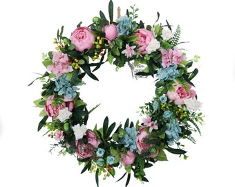 24” Artificial Peony and Hydrangea Wreath,  Grapevine Floral Hanger,  Front Door Wreath, Window Garland Ornament, Home Wall Décor, Pink