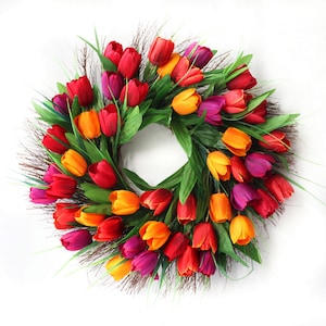 18" Tulip Wreath, Front Door Wreath, Orange/magenta/purple Grapevine Floral Hanger, Floral Garland, European Door Ornament,Home Wall Décor