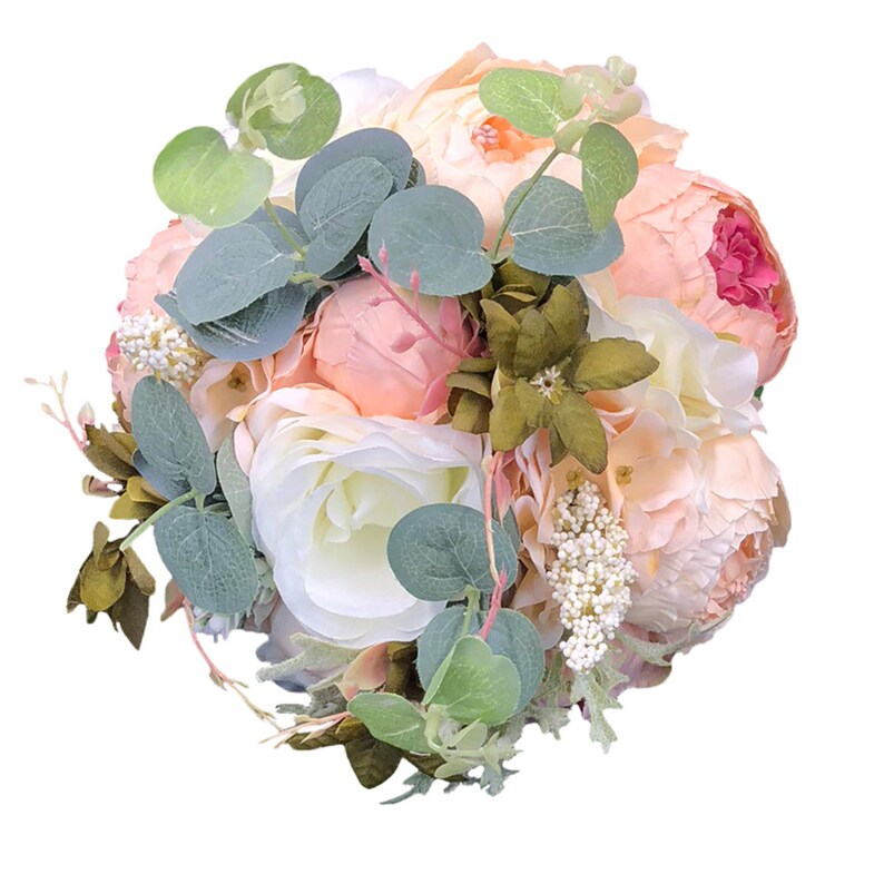 Blush Pink Peony Real Touch White Roses Lily Bridal Bouquet Bridesmaid Flowers Wrist Corsage Boutonniere for Spring Garden Wedding Prom