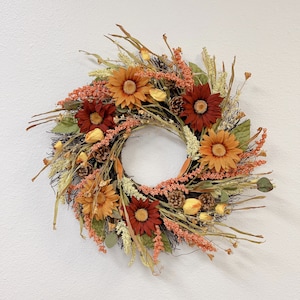 24" Sunflower Wreath for Fall  Red Orange Floral Wreaths with Green Leaves Pinecones for Front Door Window  Wall Decoration