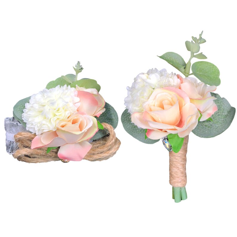 Blush Pink Peony Real Touch White Roses Lily Bridal Bouquet Bridesmaid Flowers Wrist Corsage Boutonniere for Spring Garden Wedding Prom