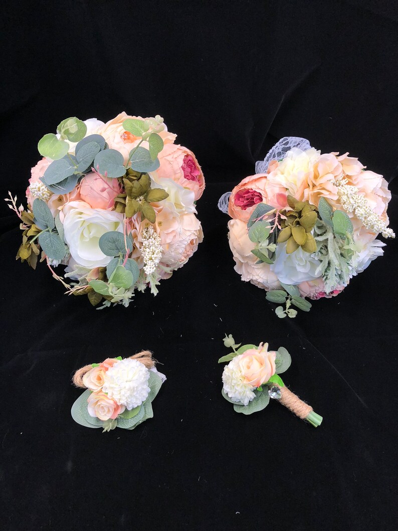 Blush Pink Peony Real Touch White Roses Lily Bridal Bouquet Bridesmaid Flowers Wrist Corsage Boutonniere for Spring Garden Wedding Prom