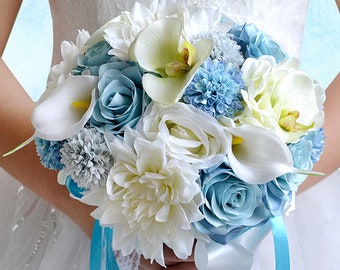 Wedding Bouquet, Artificial Flower Bouquet, Real Touch Rose and calla lily Bride Bouquets, blue and white