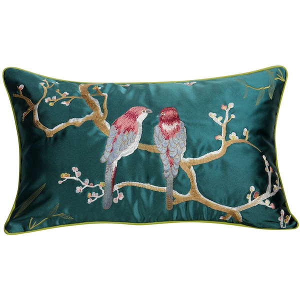 Lumbar Pillow, Decorative Pillows, Cushion Cover, Bird Pillow, Bird Cushion,Green Pillow, Silk Pillow,Embroidered Pillow, Pillow Cover 20X12