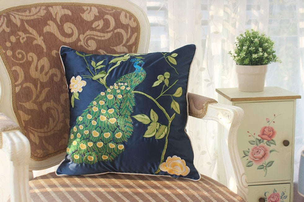 Blue Cushion, Decorative Pillows, Embroidered Peacock Pillow，Blue