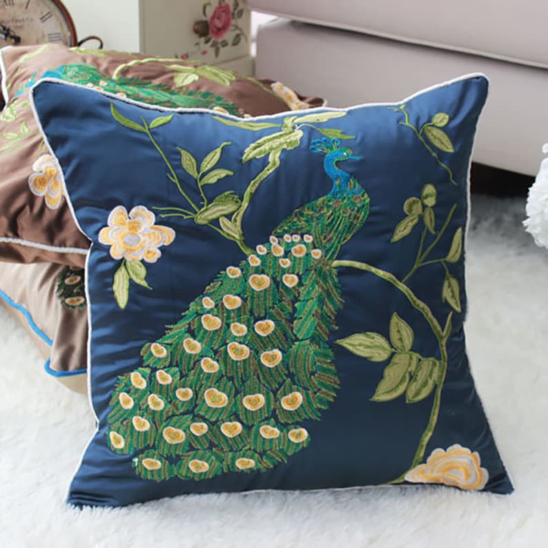 Blue Cushion Decorative Pillows Embroidered Peacock image 0