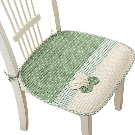 Green White Geometric Round Chair Pads With Ties Soft Ogee 