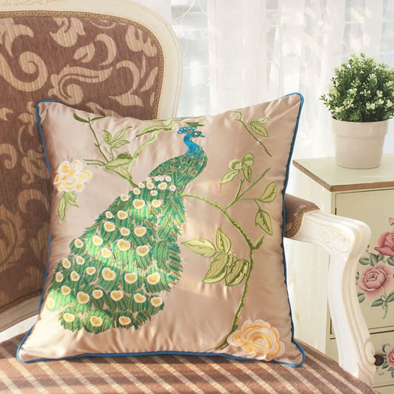 Pillow Cover Peacock Pillow Cover Embroidered Peacock Pillow Etsy