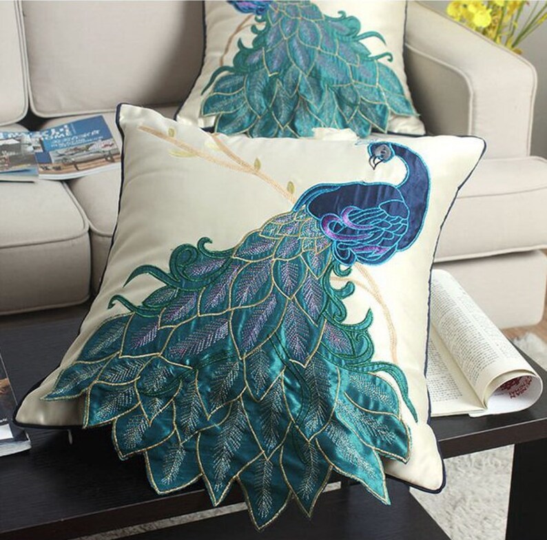 Throw Pillows Peacock Pillow Embroidered Pillow Bird Etsy