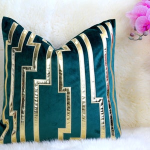 Gold Embroidered Velvet Cushion Pillow, Home Decorative Pillows Classic Pillow Covers Luxury Green Gold Pillows Geometric pillows 18" x 18"