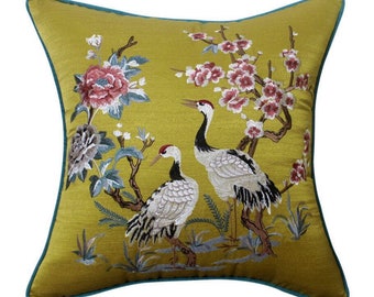 Oreiller, taie d'oreiller, oreillers décoratifs, oreiller oiseau, oreillers en soie brodés, oreiller de luxe oiseaux, housse de coussin, coussins