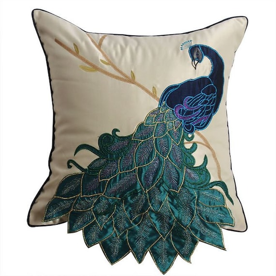 Throw Pillows Peacock Pillow Embroidered Pillow Bird Etsy