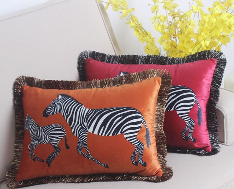 Orange Velvet Cushion,Zebra Pillow Cover,Velvet Pillow Cover,Animal Print Pillows,Lumbar Pillows,Zebra Throw Pillow,Modern Farmhouse Pillows image 5