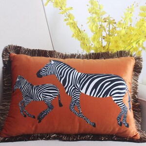 Orange Velvet Cushion,Zebra Pillow Cover,Velvet Pillow Cover,Animal Print Pillows,Lumbar Pillows,Zebra Throw Pillow,Modern Farmhouse Pillows image 3