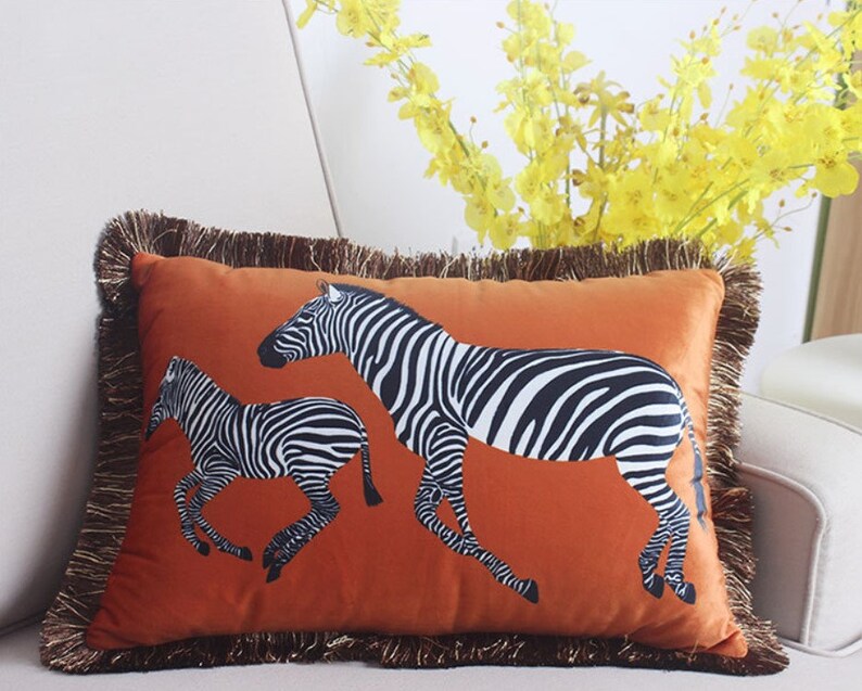 Orange Velvet Cushion,Zebra Pillow Cover,Velvet Pillow Cover,Animal Print Pillows,Lumbar Pillows,Zebra Throw Pillow,Modern Farmhouse Pillows image 3