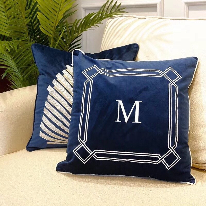 Navy Blue Throw Pillows Velvet Cushion Cover Letter M Pillow Etsy