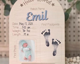 Empreinte de pas de bébé, annonce de nom, signe de statistiques de bébé avec support, souvenir nouveau-né, accessoire photo