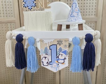 Décoration de fête du 1er anniversaire de pingouin : décoration de gâteau, bannière de chaise haute, chapeau, décoration de fête d'hiver pour garçons