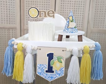 Décoration de fête du 1er anniversaire citron - décoration de gâteau, bannière de chaise haute, chapeau, kit d'amalfi, décoration de bébé
