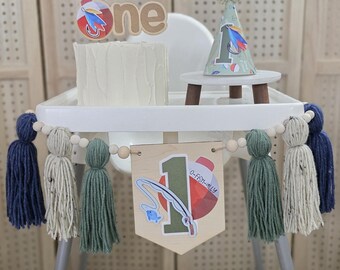 Décoration de fête du 1er anniversaire de Gone Fishing : décoration de gâteau, bannière pour chaise haute, chapeau