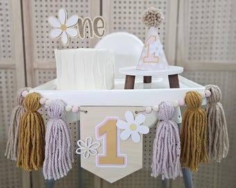 Décoration de fête pour le 1er anniversaire de Daisy - Groovy, bannière de chaise haute, décoration de gâteau, chapeau, rétro, kit filles