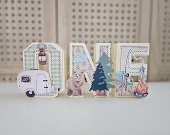 Letras 3D de "One Happy Camper" - Decoración de camping para primer cumpleaños, hecha a mano, cartulina
