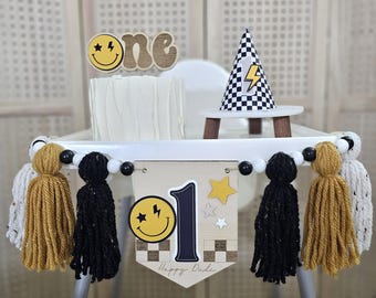 One Happy Dude Birthday party decor - Cake Topper, Highchair Banner, Hat, groovy, retro