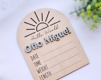 Panneau de statistiques sur les naissances de bébé Sunburst : faire-part de bébé, souvenirs de nouveau-né, plaque signalétique