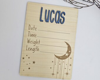 Signe de statistiques de naissance de bébé : décoration de chambre d'enfant de lune et d'étoiles, souvenirs de nouveau-né, annonce de nom