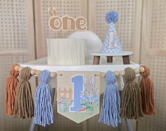 Décoration de fête pour le 1er anniversaire de Peter Rabbit - décoration de gâteau, bannière de chaise haute, chapeau, kit, lot