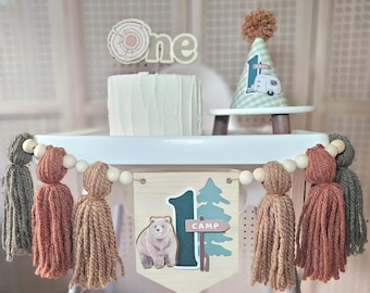 Happy Camper 1st Birthday party decor: Highchair Banner, Cake Topper, Birthday hat