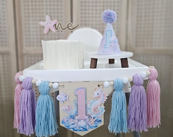 Under the Sea 1st Birthday party decor: Highchair Banner, Cake Topper, hat