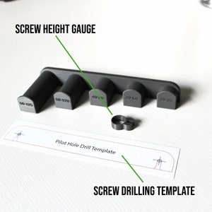 May include: A gray plastic screw height gauge with five different sized screw holes. The gauge is labeled with the screw sizes in millimeters. A white paper template with a pilot hole drill template and screw drilling template is also shown.