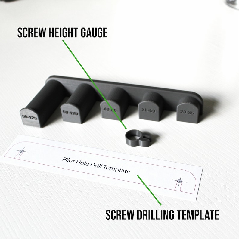 May include: A gray plastic screw height gauge with five different sized screw holes. The gauge is labeled with the screw sizes in millimeters. A white paper template with a pilot hole drill template and screw drilling template is also shown.