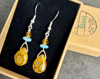 Millefiori Teardrop Earrings: Sterling Silver, Colorful Flower Beads