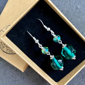 Vintage earrings, vintage style, upcycled vintage, green crystal earrings, handmade earrings, unusual earrings, vintage style, crystals