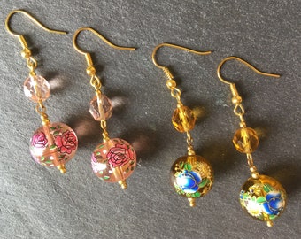 Earrings, handmade, vintage bead drop, gold earrings, floral, pink earrings,