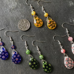 Millefiori teardrop earrings, colourful drop earrings, millefiori earrings, handmade earrings, pretty flower bead earrings, unique earrings