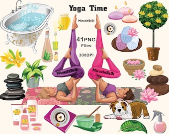 Watercolor Yoga Clipart, Spa, Meditation, Plants (PNG Files)