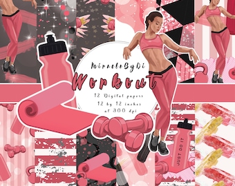 Paquete de papeles digitales Fitness Girl, álbum de recortes de ejercicios de gimnasio (descarga digital)