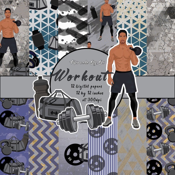 Fitness  Digital Paper Fitness Men Pack Gym Sports Background Men Fashion Paper Pack Watercolor Workout Paper Gym Bag Dumbbell Gym Equipment